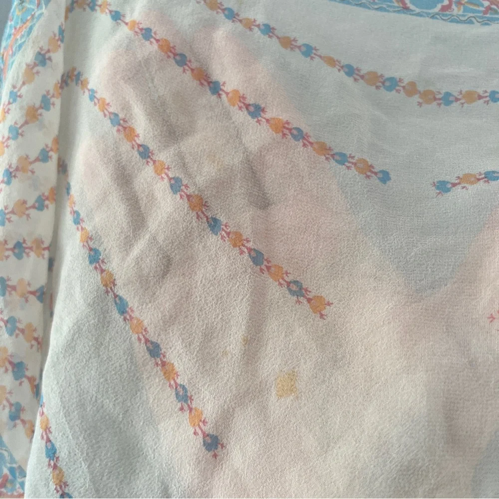 Vintage Square Silk Feel Scarf Sheer Blue Orange Floral Print Lightweight